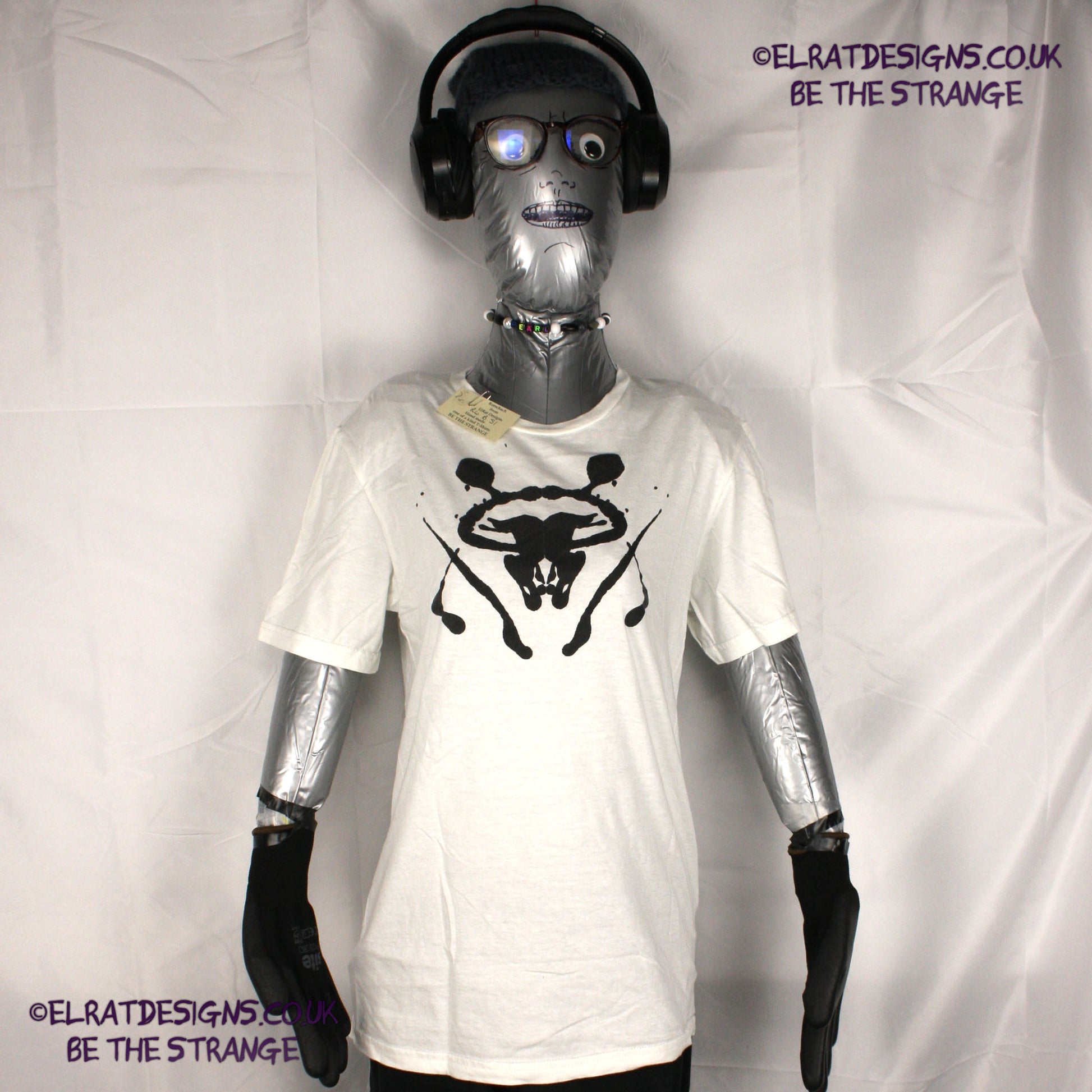 Rorschach, White cotton T-Shirt with Black ink blot - Small #1 (RW B S1) - ElRat Designs - elratdesigns.co.uk