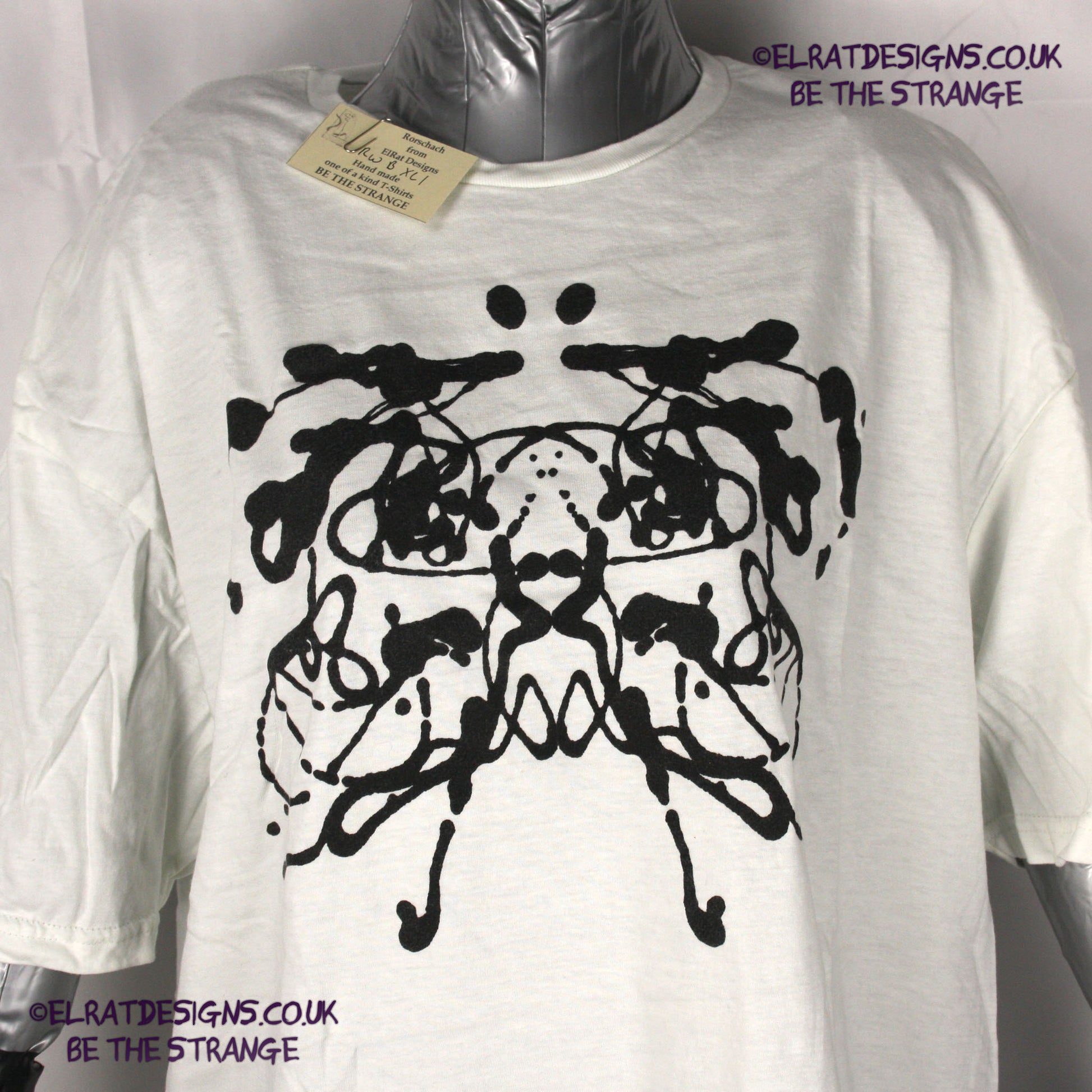 Rorschach, White cotton T-Shirt with Black ink blot - Extra Large #1 (RW B XL1) - ElRat Designs - elratdesigns.co.uk