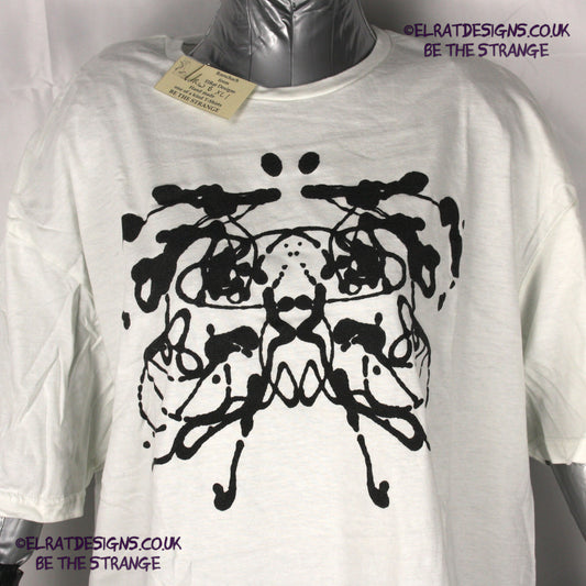 Rorschach, White cotton T-Shirt with Black ink blot - Extra Large #1 (RW B XL1) - ElRat Designs - elratdesigns.co.uk
