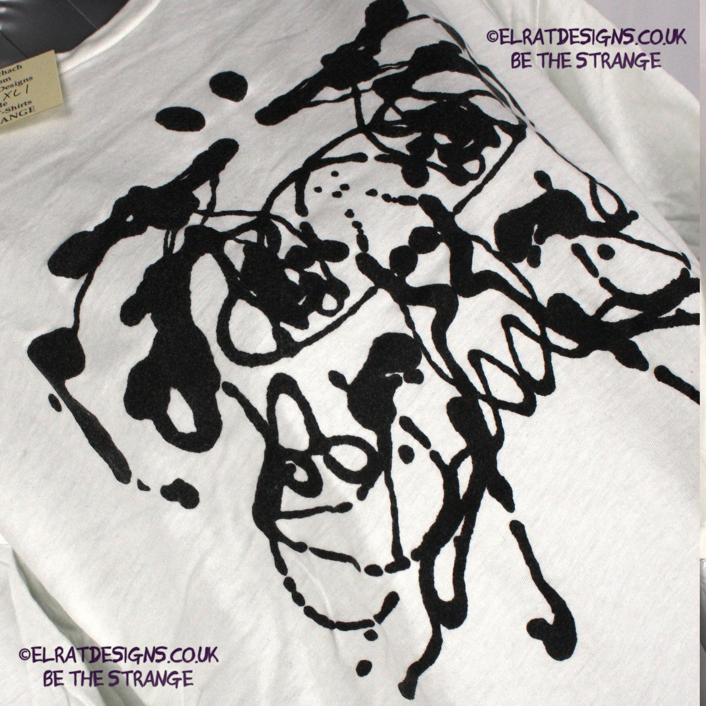 Rorschach, White cotton T-Shirt with Black ink blot - Extra Large #1 (RW B XL1) - ElRat Designs - elratdesigns.co.uk