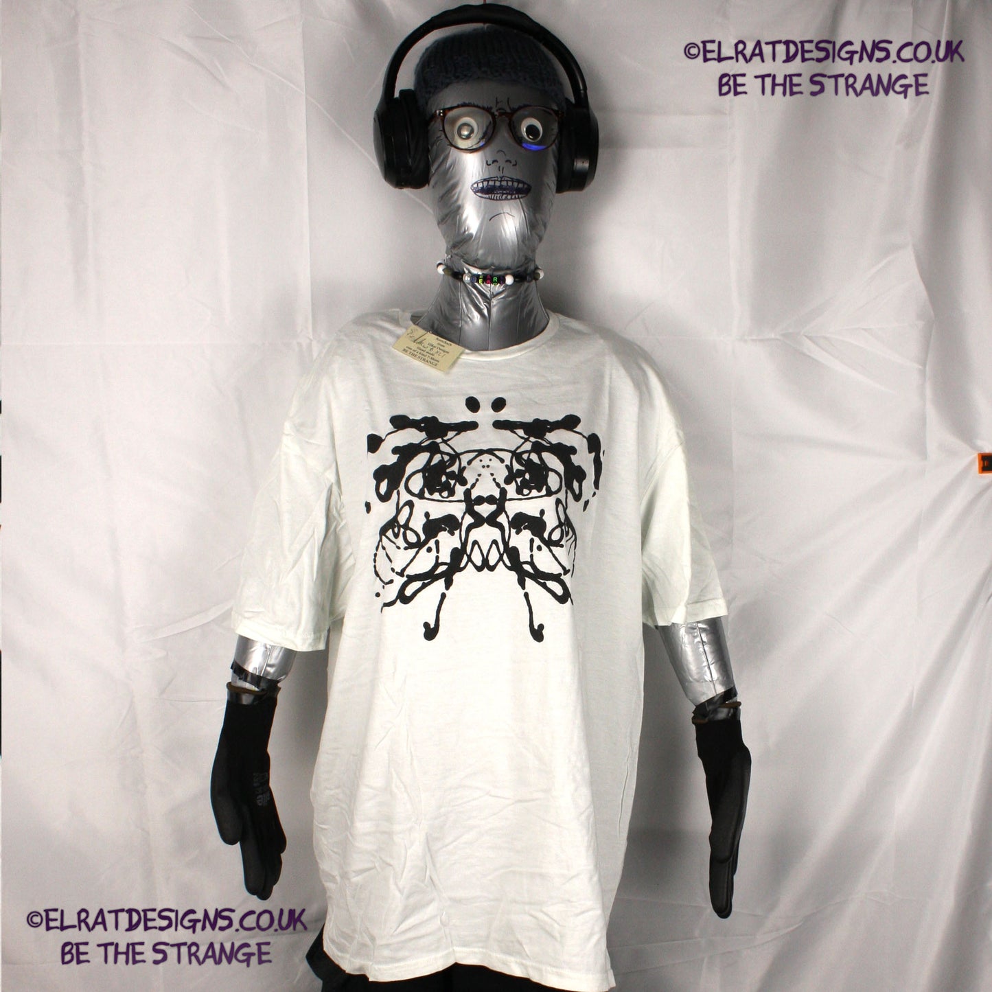 Rorschach, White cotton T-Shirt with Black ink blot - Extra Large #1 (RW B XL1) - ElRat Designs - elratdesigns.co.uk