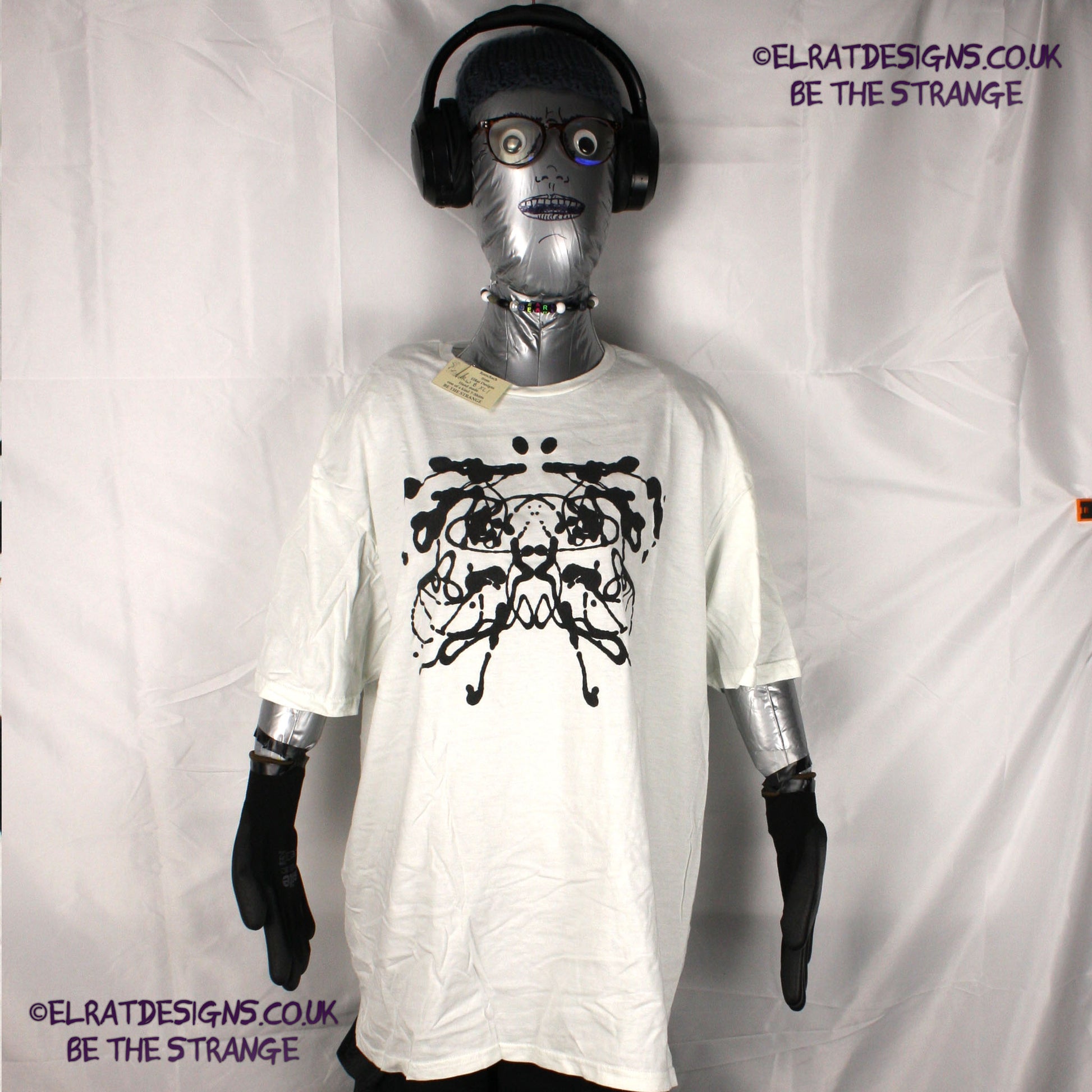 Rorschach, White cotton T-Shirt with Black ink blot - Extra Large #1 (RW B XL1) - ElRat Designs - elratdesigns.co.uk