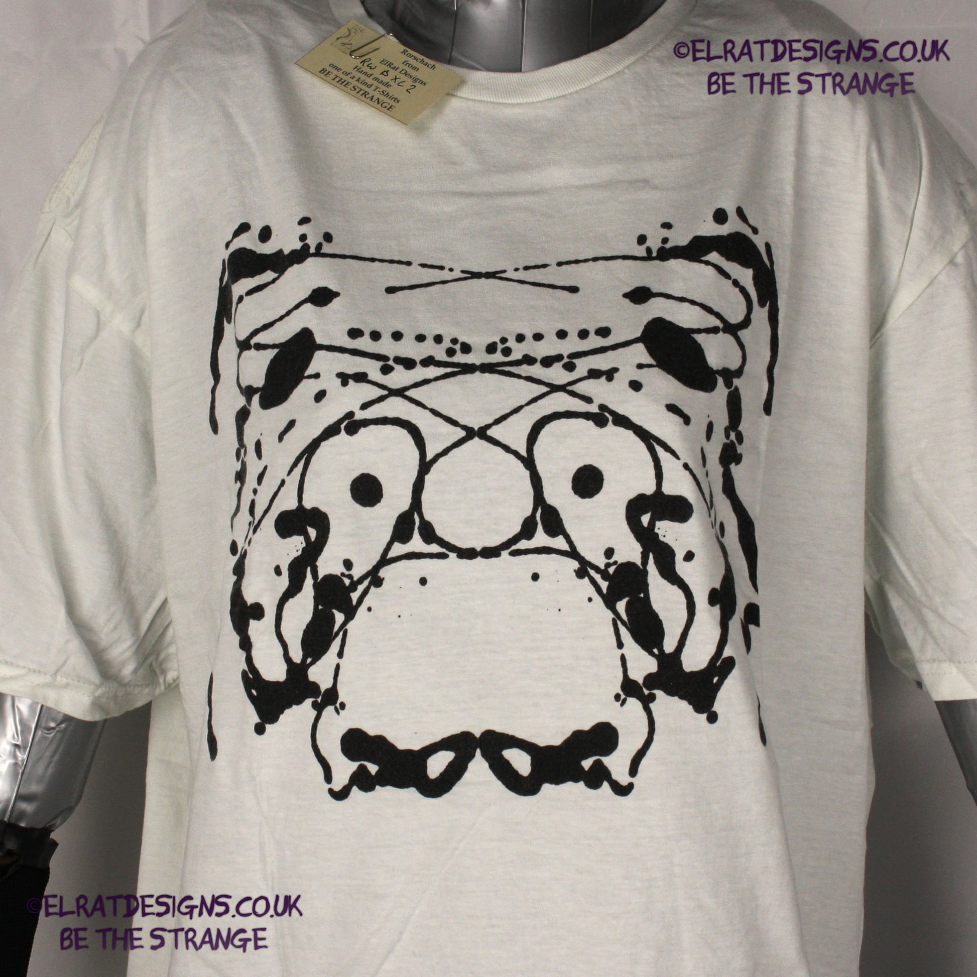 Rorschach, White cotton T-Shirt with Black ink blot - Extra Large #2 (RW B XL2) - ElRat Designs - elratdesigns.co.uk