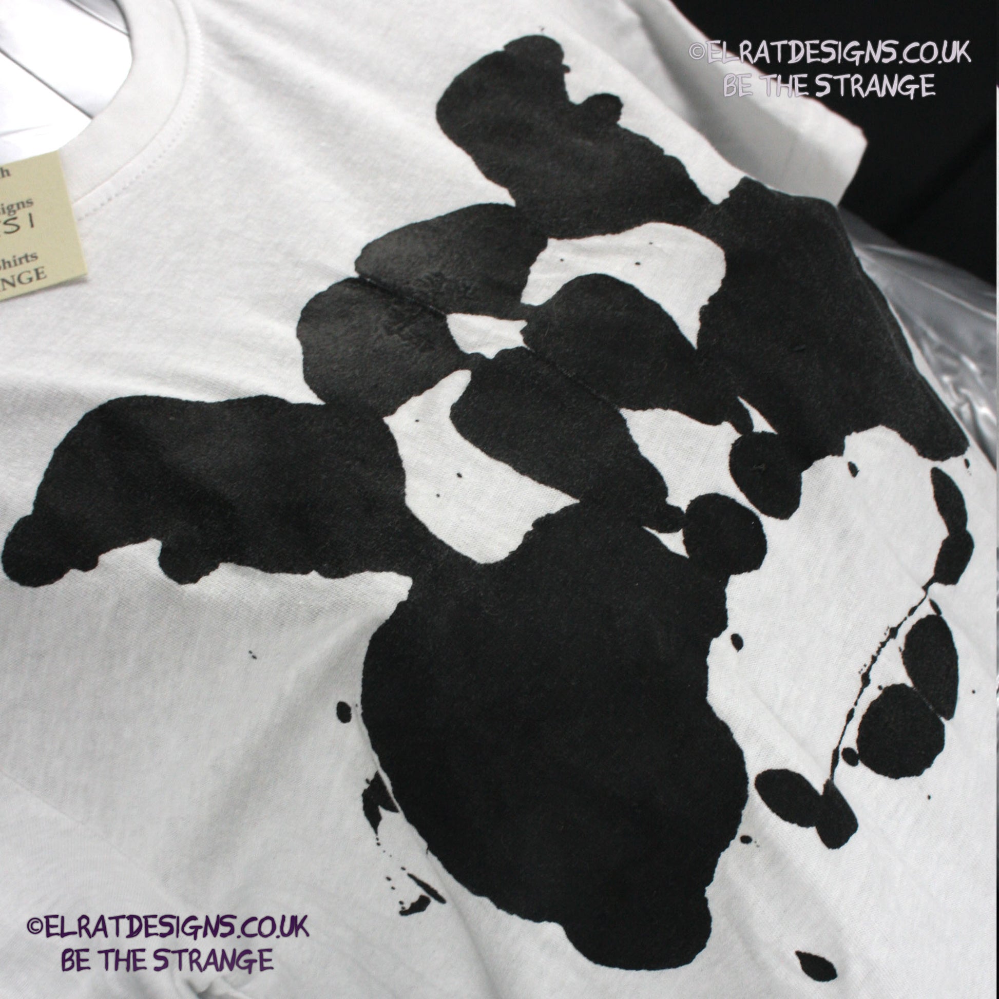 Rorschach, White cotton T-Shirt with Black ink blot - X Small #1 (RW B XS1) - ElRat Designs - elratdesigns.co.uk