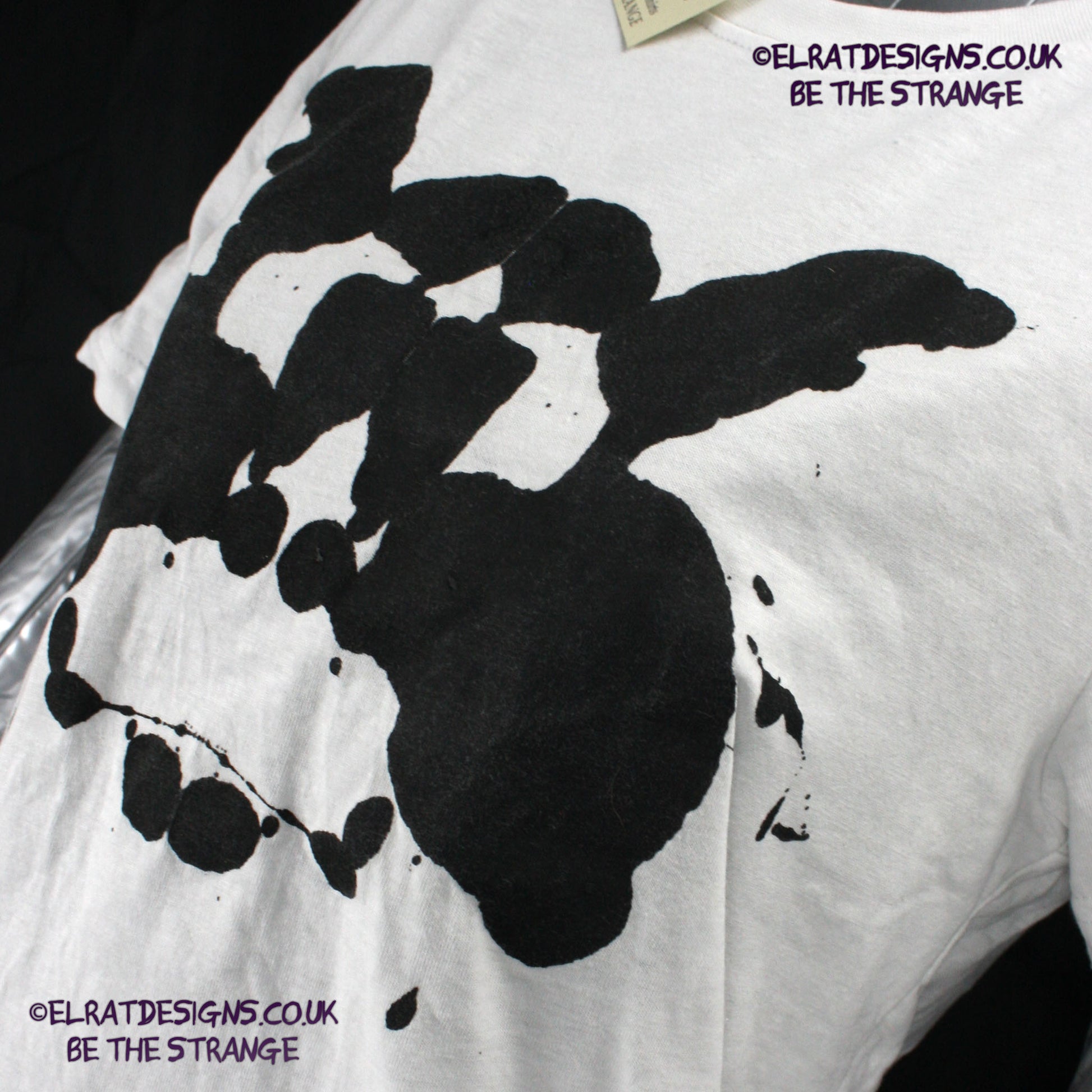 Rorschach, White cotton T-Shirt with Black ink blot - X Small #1 (RW B XS1) - ElRat Designs - elratdesigns.co.uk