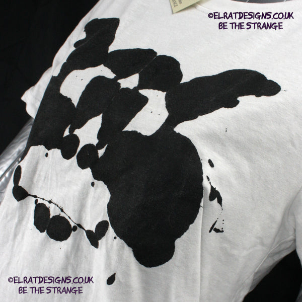 Rorschach, White cotton T-Shirt with Black ink blot - X Small #1 (RW B XS1) - ElRat Designs - elratdesigns.co.uk