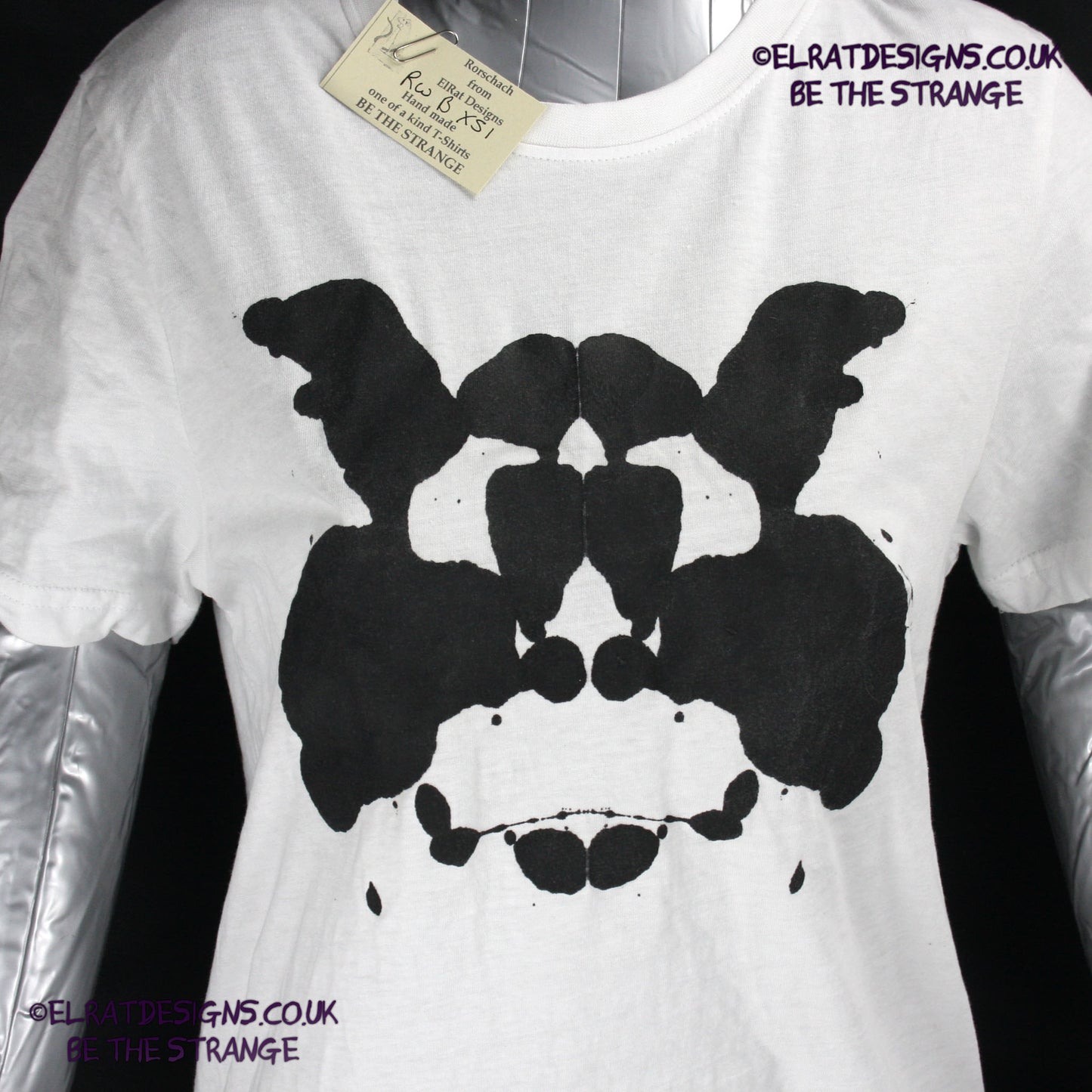 Rorschach, White cotton T-Shirt with Black ink blot - X Small #1 (RW B XS1) - ElRat Designs - elratdesigns.co.uk