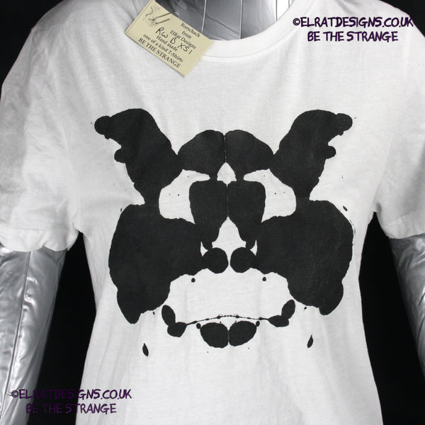 Rorschach, White cotton T-Shirt with Black ink blot - X Small #1 (RW B XS1) - ElRat Designs - elratdesigns.co.uk