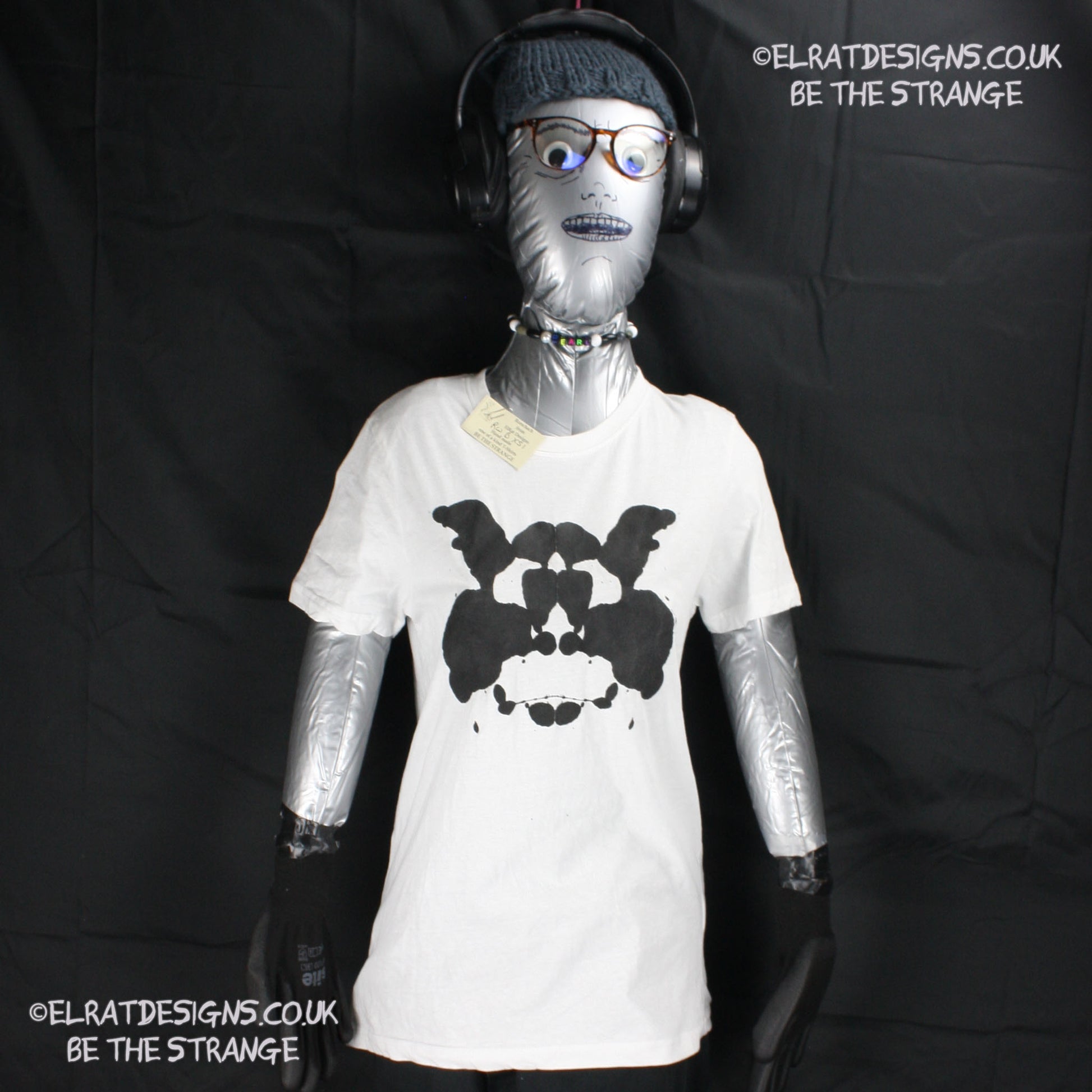 Rorschach, White cotton T-Shirt with Black ink blot - X Small #1 (RW B XS1) - ElRat Designs - elratdesigns.co.uk