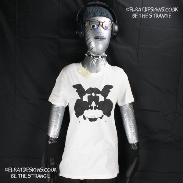 Rorschach, White cotton T-Shirt with Black ink blot - X Small #1 (RW B XS1) - ElRat Designs - elratdesigns.co.uk