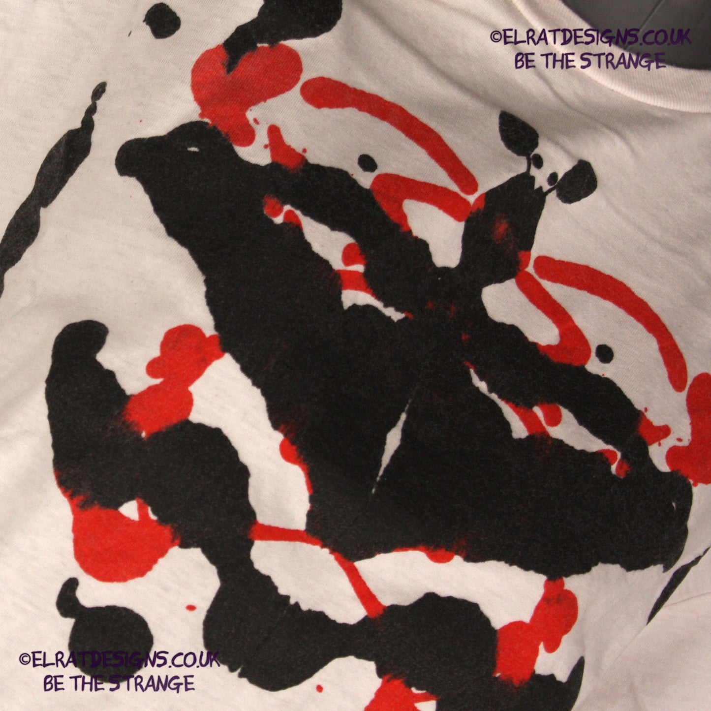 Rorschach, White cotton T-Shirt with Black and Red ink blot - Large #1 (RW BR L1) - ElRat Designs - elratdesigns.co.uk