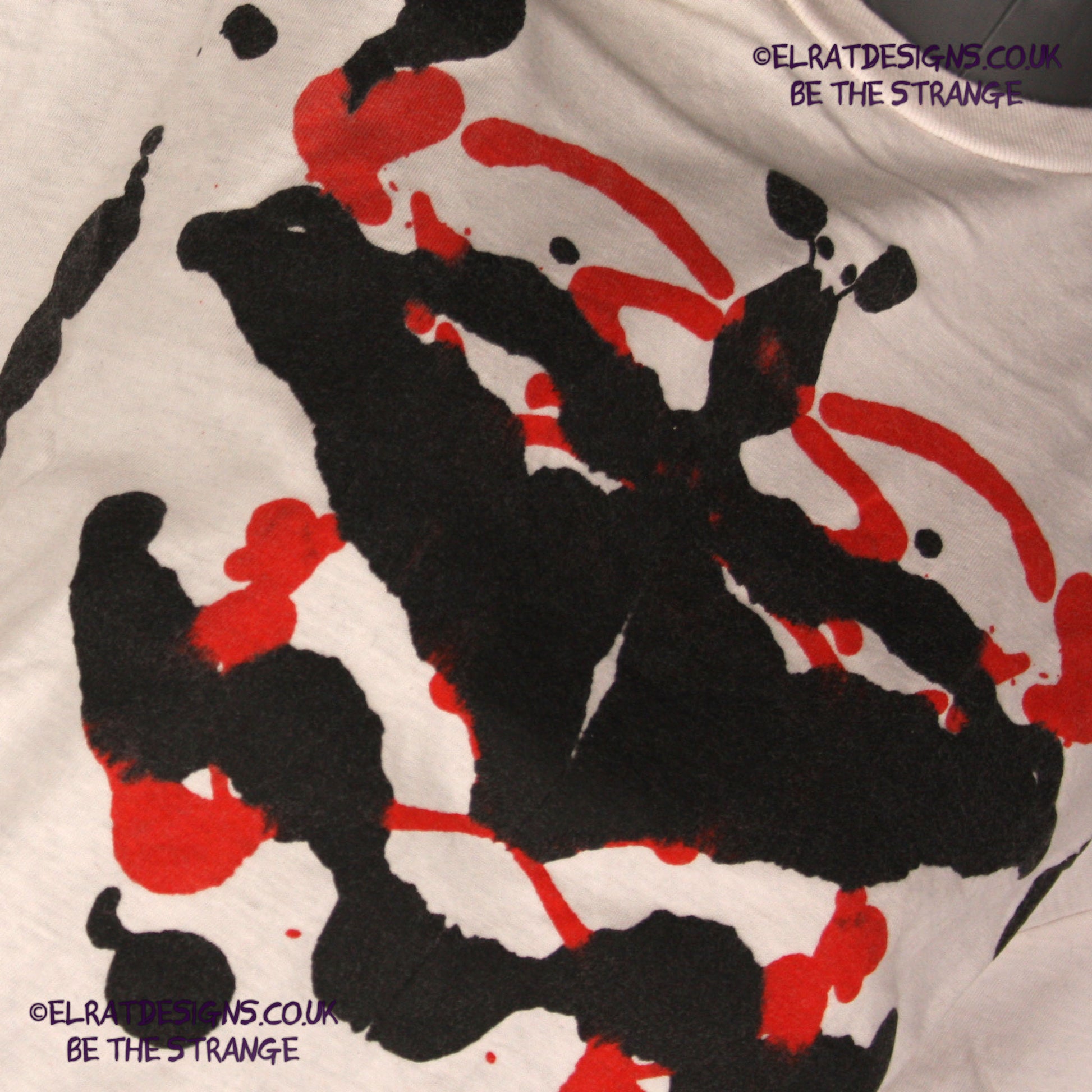 Rorschach, White cotton T-Shirt with Black and Red ink blot - Large #1 (RW BR L1) - ElRat Designs - elratdesigns.co.uk