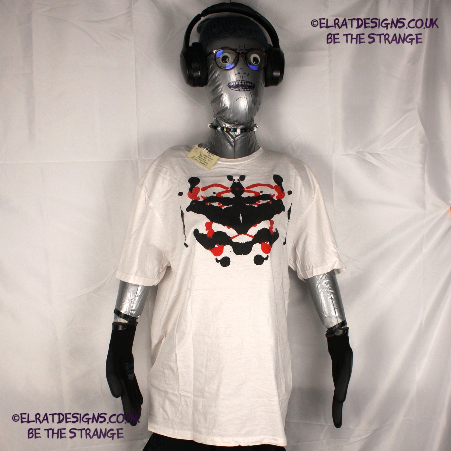 Rorschach, White cotton T-Shirt with Black and Red ink blot - Large #1 (RW BR L1) - ElRat Designs - elratdesigns.co.uk