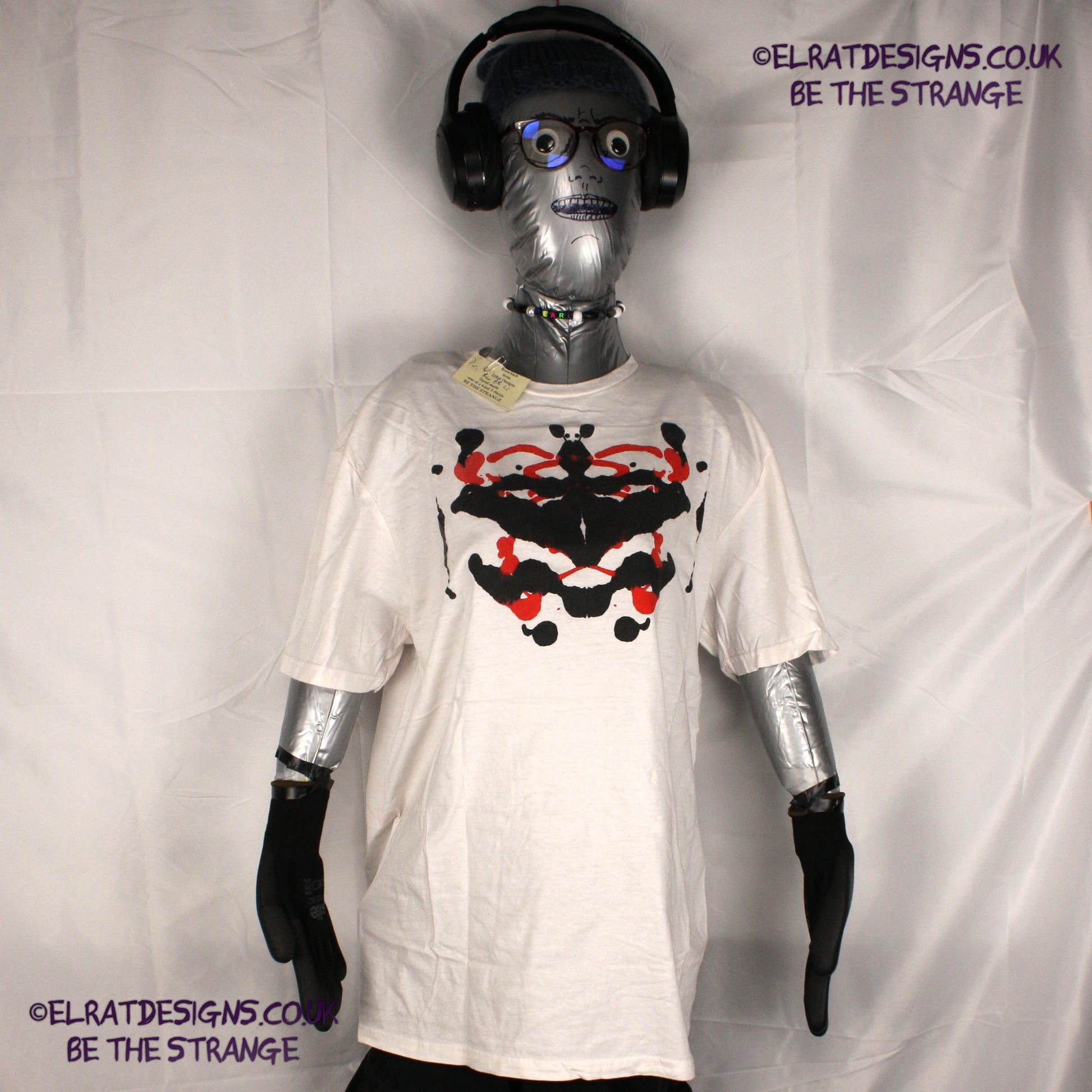 Rorschach, White cotton T-Shirt with Black and Red ink blot - Large #1 (RW BR L1) - ElRat Designs - elratdesigns.co.uk