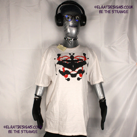 Rorschach, White cotton T-Shirt with Black and Red ink blot - Large #1 (RW BR L1) - ElRat Designs - elratdesigns.co.uk
