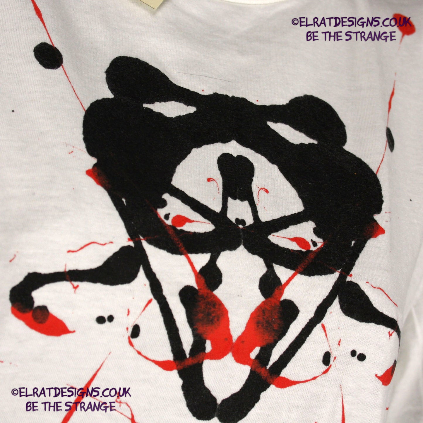 Rorschach, White cotton T-Shirt with Black & Red ink blot - Small #1 (RW BR S1) - ElRat Designs - elratdesigns.co.uk