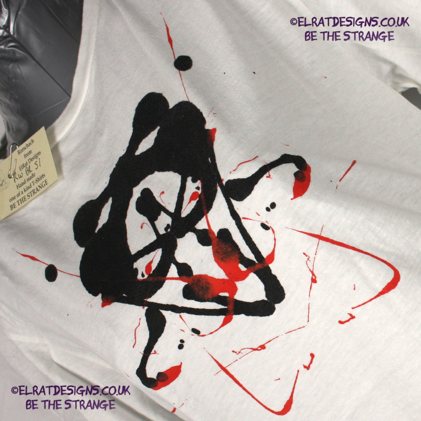 Rorschach, White cotton T-Shirt with Black & Red ink blot - Small #1 (RW BR S1) - ElRat Designs - elratdesigns.co.uk