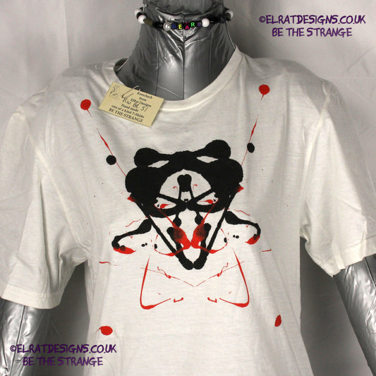 Rorschach, White cotton T-Shirt with Black & Red ink blot - Small #1 (RW BR S1) - ElRat Designs - elratdesigns.co.uk