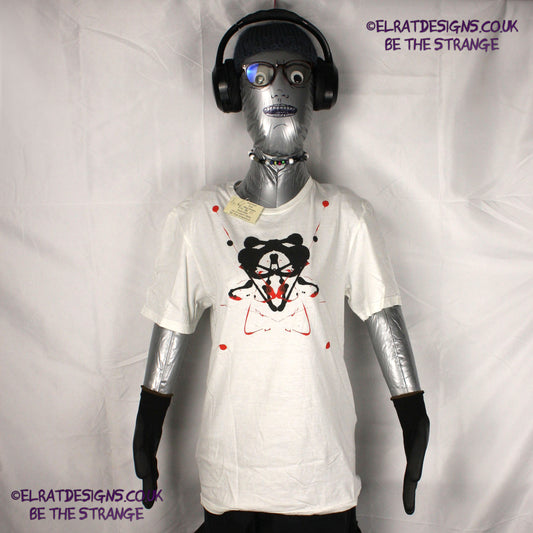 Rorschach, White cotton T-Shirt with Black & Red ink blot - Small #1 (RW BR S1) - ElRat Designs - elratdesigns.co.uk