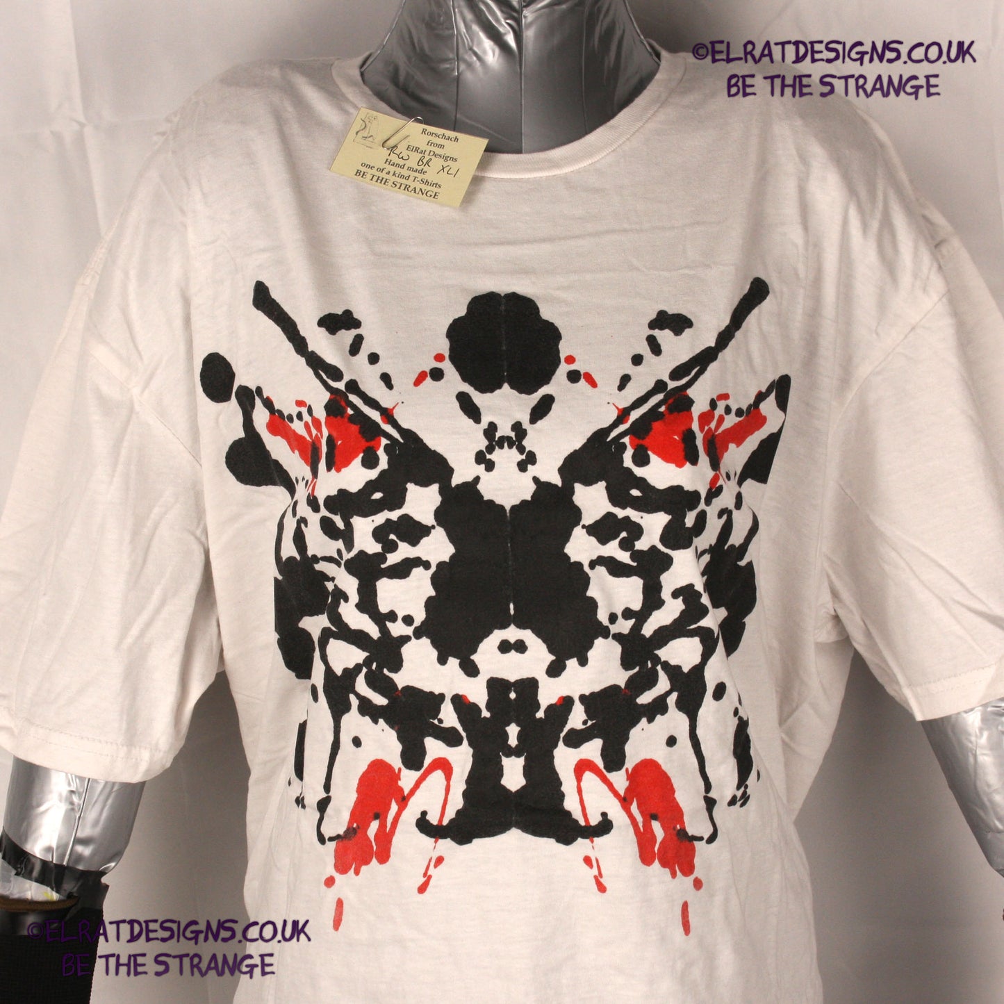 Rorschach, White cotton T-Shirt with Black and Red ink blot - Extra Large #1 (RW BR XL1) - ElRat Designs - elratdesigns.co.uk
