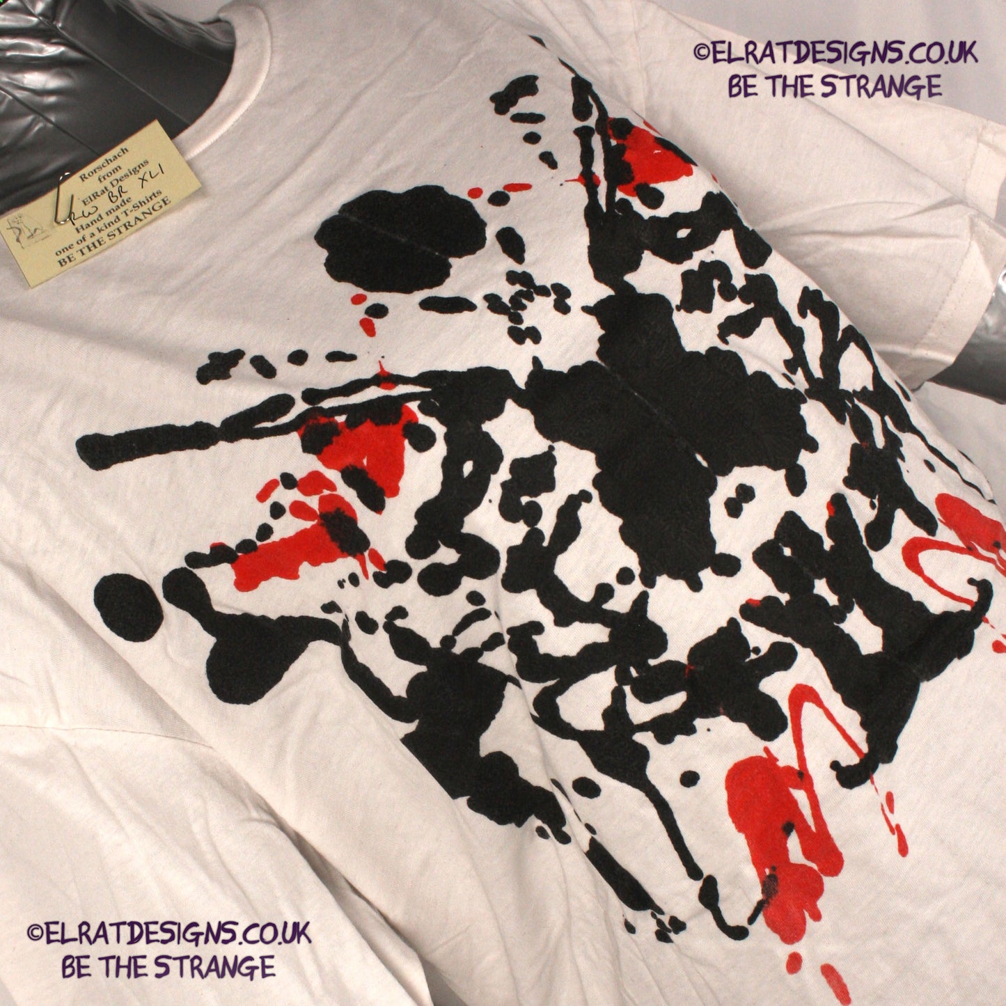 Rorschach, White cotton T-Shirt with Black and Red ink blot - Extra Large #1 (RW BR XL1) - ElRat Designs - elratdesigns.co.uk