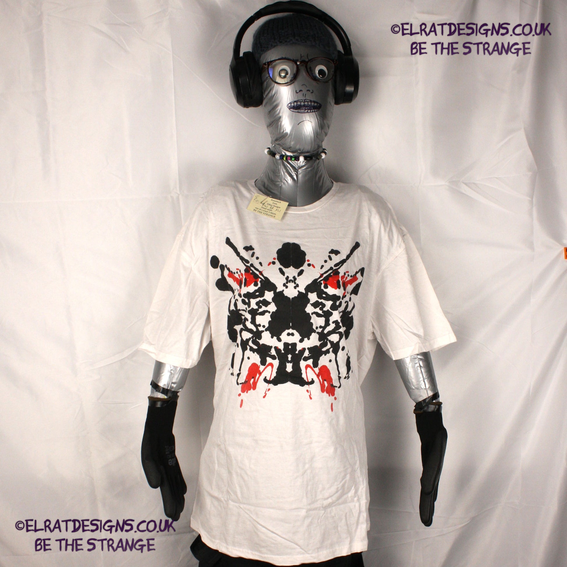 Rorschach, White cotton T-Shirt with Black and Red ink blot - Extra Large #1 (RW BR XL1) - ElRat Designs - elratdesigns.co.uk