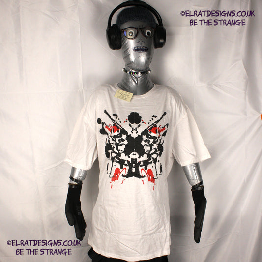 Rorschach, White cotton T-Shirt with Black and Red ink blot - Extra Large #1 (RW BR XL1) - ElRat Designs - elratdesigns.co.uk