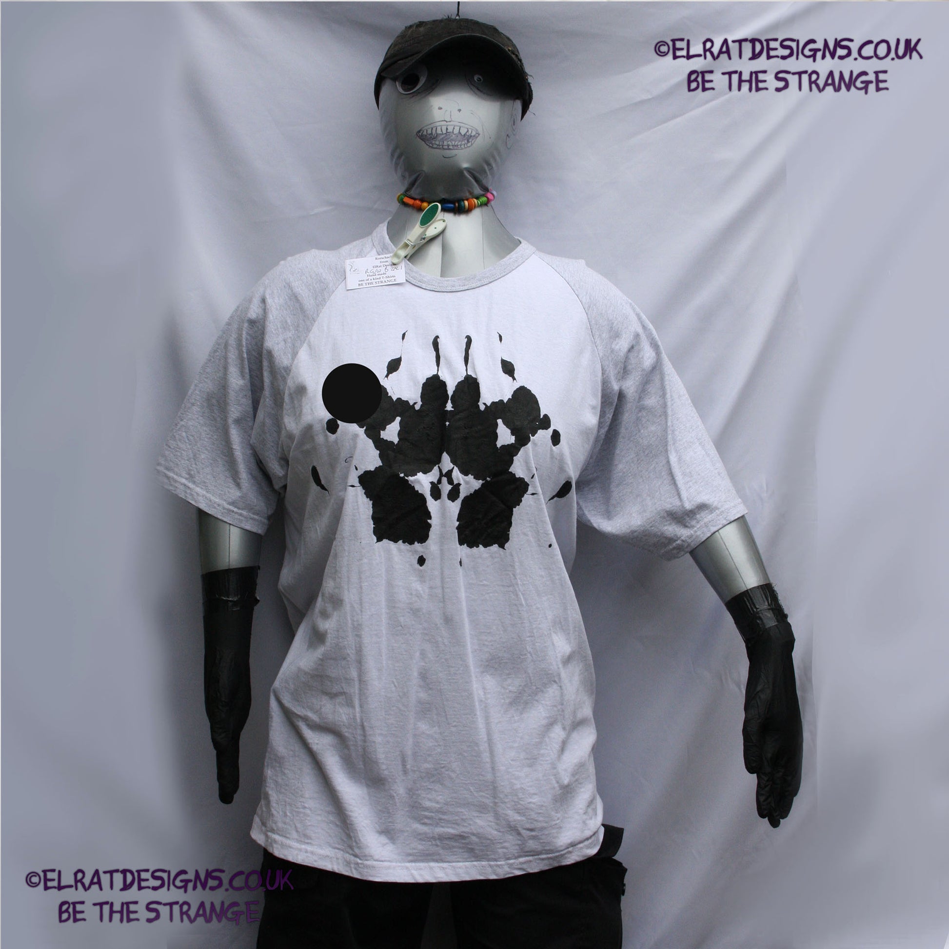 Rorschach, White/Grey cotton T-Shirt with Black ink blot - 2XLarge #1 (RGW B B 2XL1) - ElRat Designs - elratdesigns.co.uk