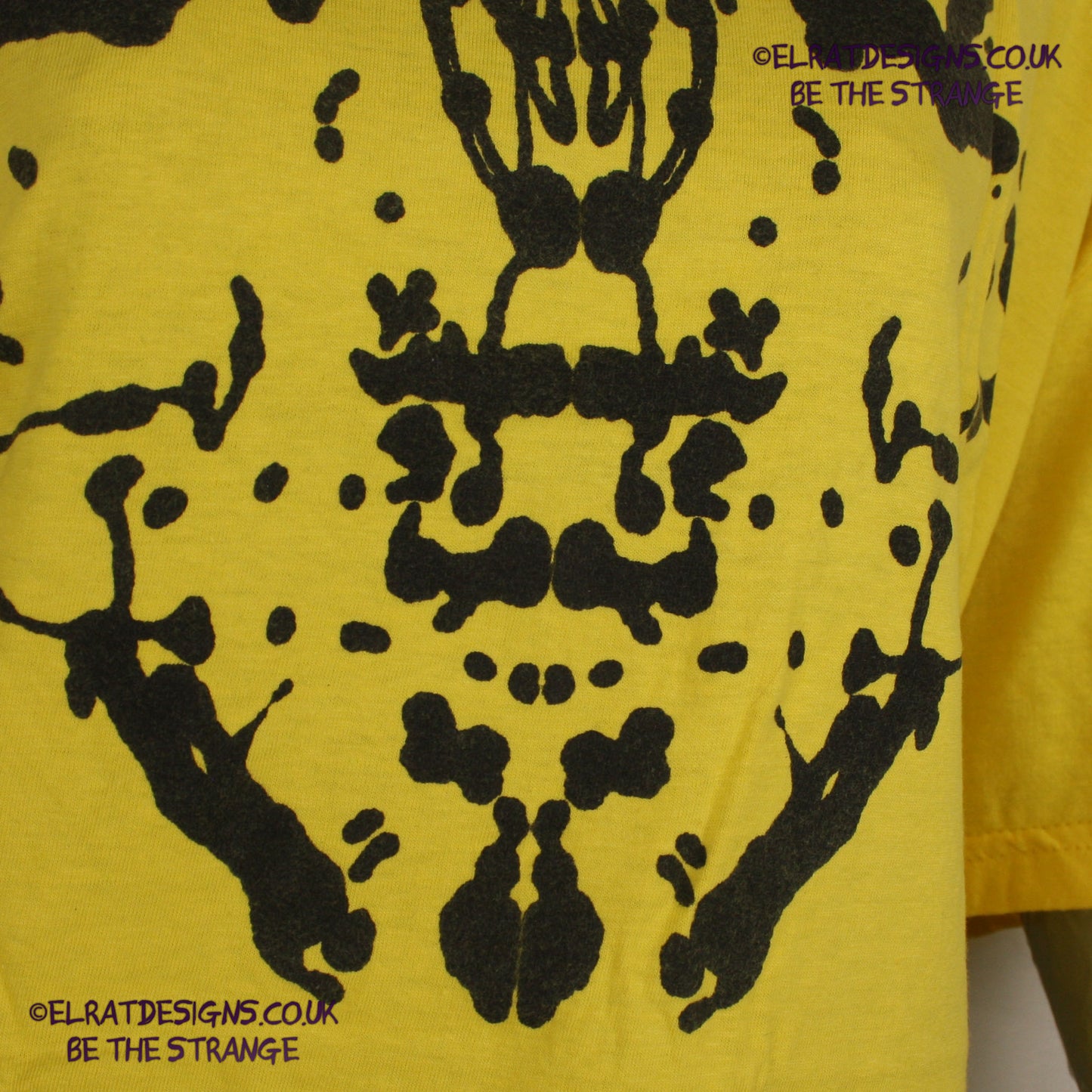Rorschach, Yellow cotton T-Shirt with Black ink blot - Large #1 (RY B L1) - ElRat Designs - elratdesigns.co.uk