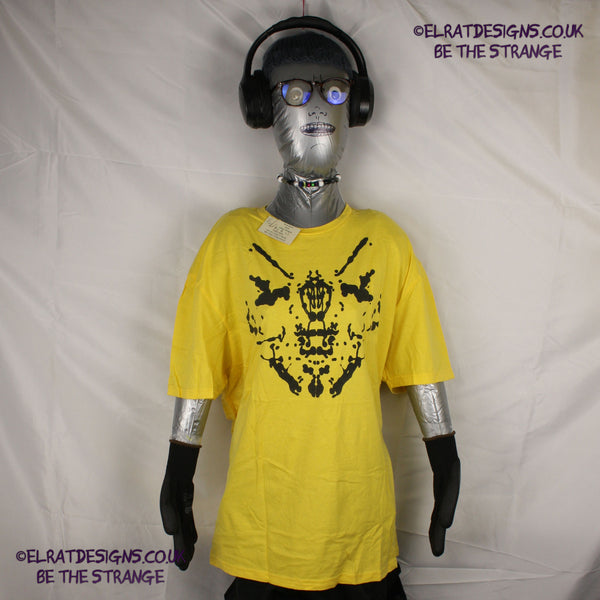 Rorschach, Yellow cotton T-Shirt with Black ink blot - Large #1 (RY B L1) - ElRat Designs - elratdesigns.co.uk