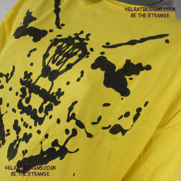 Rorschach, Yellow cotton T-Shirt with Black ink blot - Large #1 (RY B L1) - ElRat Designs - elratdesigns.co.uk
