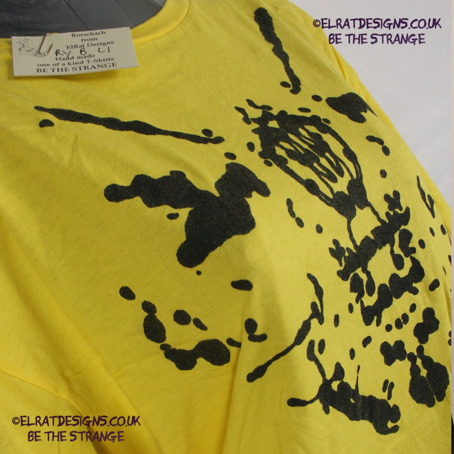 Rorschach, Yellow cotton T-Shirt with Black ink blot - Large #1 (RY B L1) - ElRat Designs - elratdesigns.co.uk