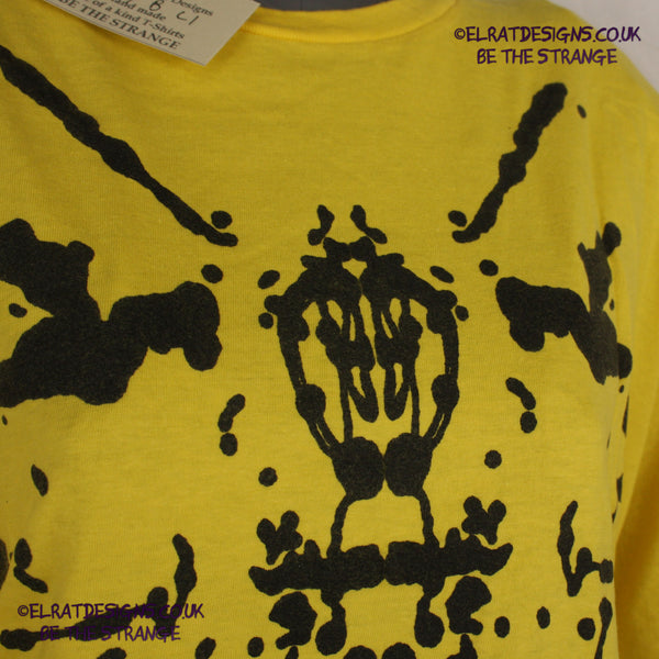 Rorschach, Yellow cotton T-Shirt with Black ink blot - Large #1 (RY B L1) - ElRat Designs - elratdesigns.co.uk