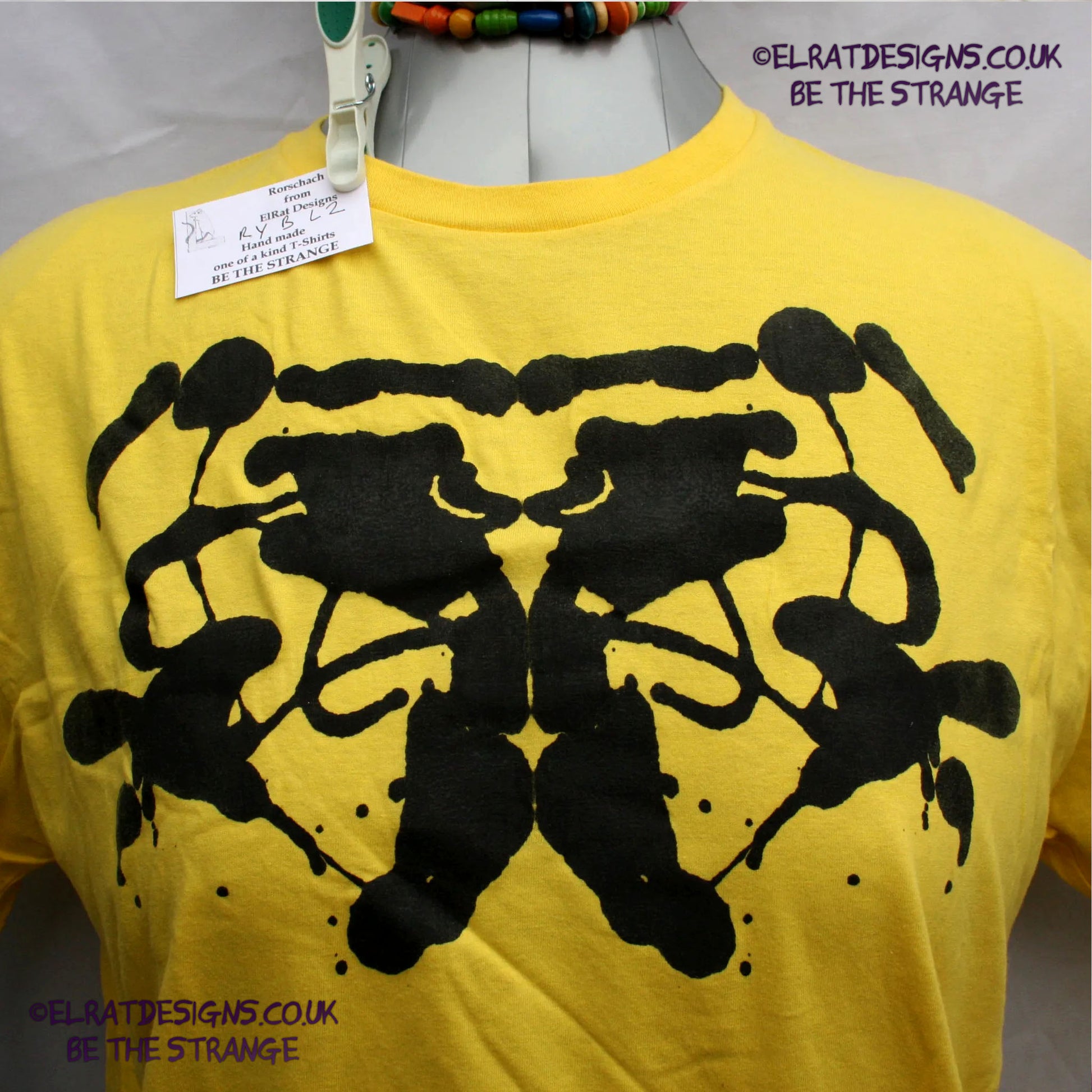 Rorschach, Yellow cotton T-Shirt with Black ink blot - Large #2 (RY B L2) - ElRat Designs - elratdesigns.co.uk