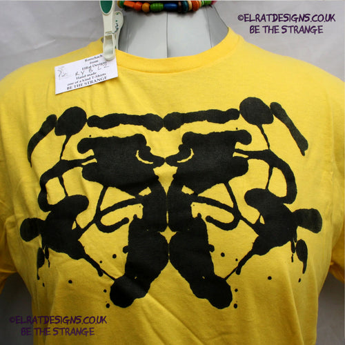 Rorschach, Yellow cotton T-Shirt with Black ink blot - Large #2 (RY B L2) - ElRat Designs - elratdesigns.co.uk