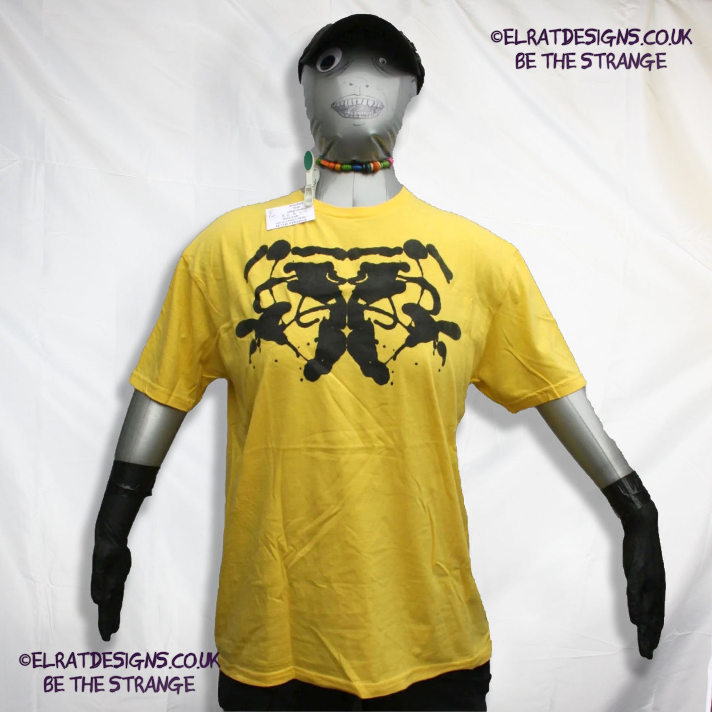 Rorschach, Yellow cotton T-Shirt with Black ink blot - Large #2 (RY B L2) - ElRat Designs - elratdesigns.co.uk