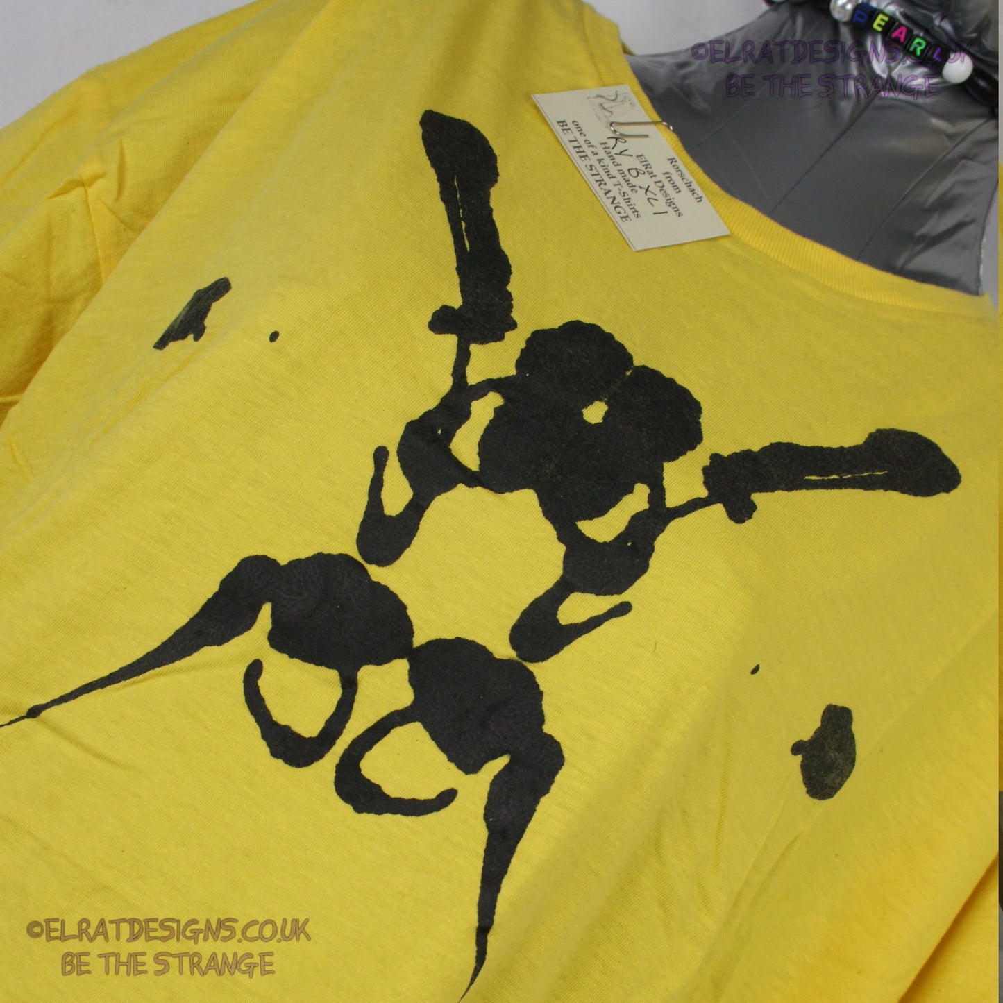Rorschach, Yellow cotton T-Shirt with Black ink blot - Large #1 (RY B XL1) - ElRat Designs - elratdesigns.co.uk