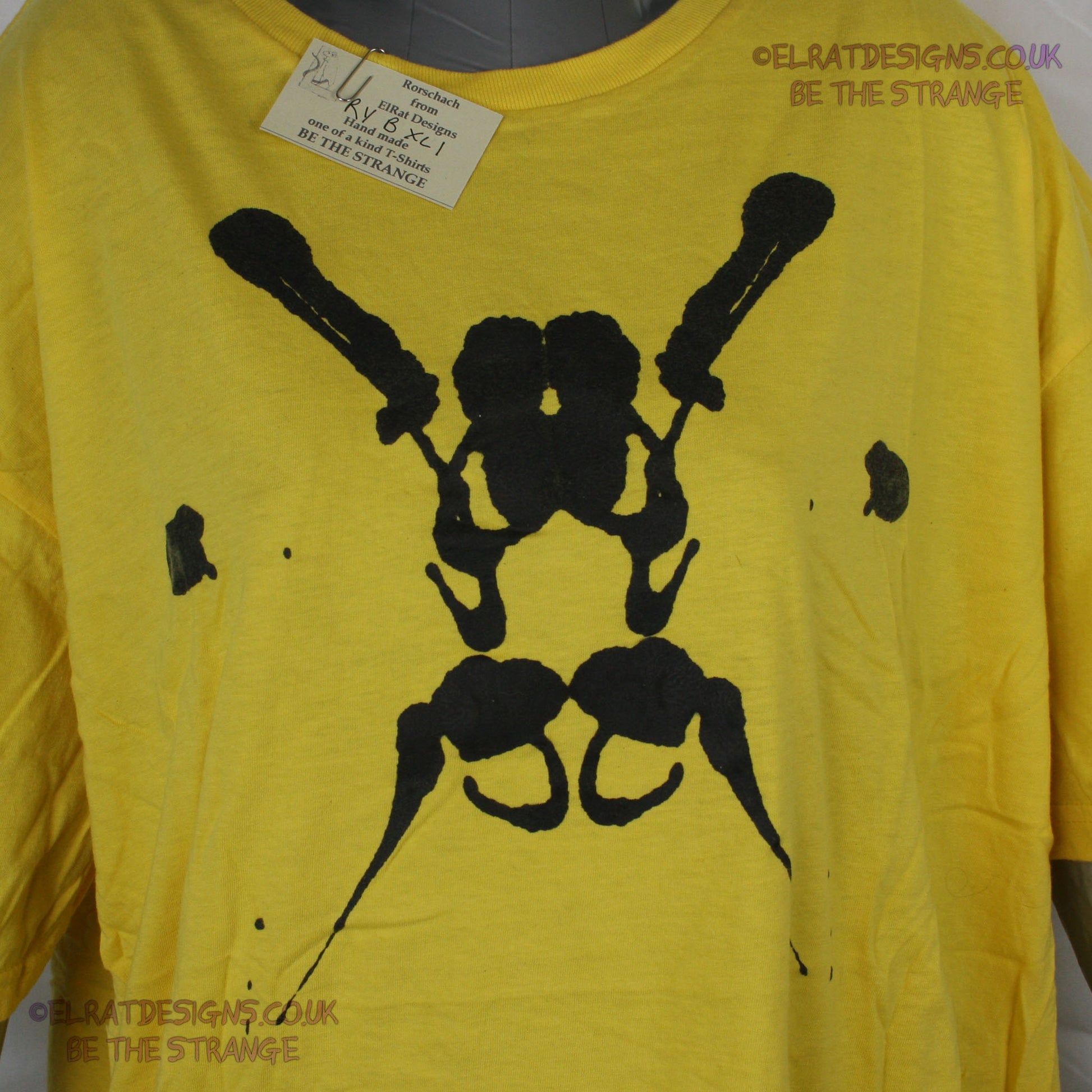 Rorschach, Yellow cotton T-Shirt with Black ink blot - Large #1 (RY B XL1) - ElRat Designs - elratdesigns.co.uk