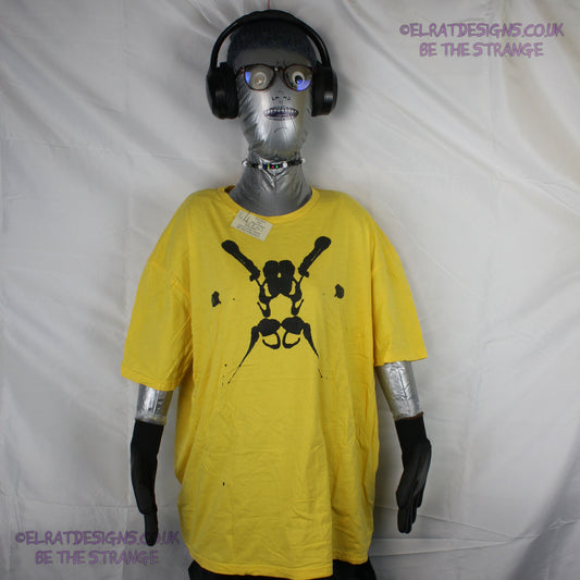 Rorschach, Yellow cotton T-Shirt with Black ink blot - Large #1 (RY B XL1) - ElRat Designs - elratdesigns.co.uk