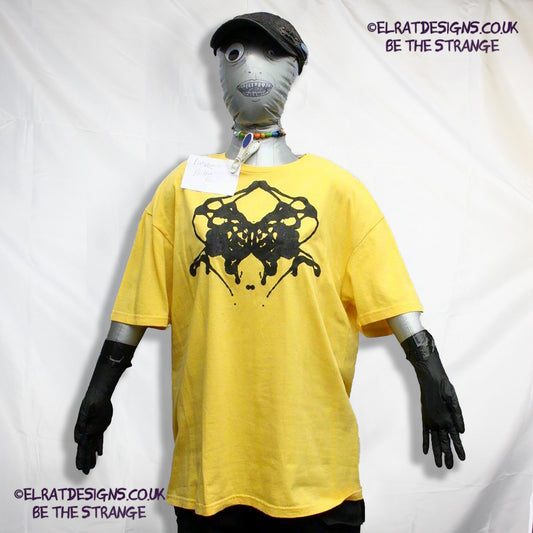 Rorschach, Yellow cotton T-Shirt with Black ink blot - Extra Large #2 (RY B XL2) - ElRat Designs - elratdesigns.co.uk