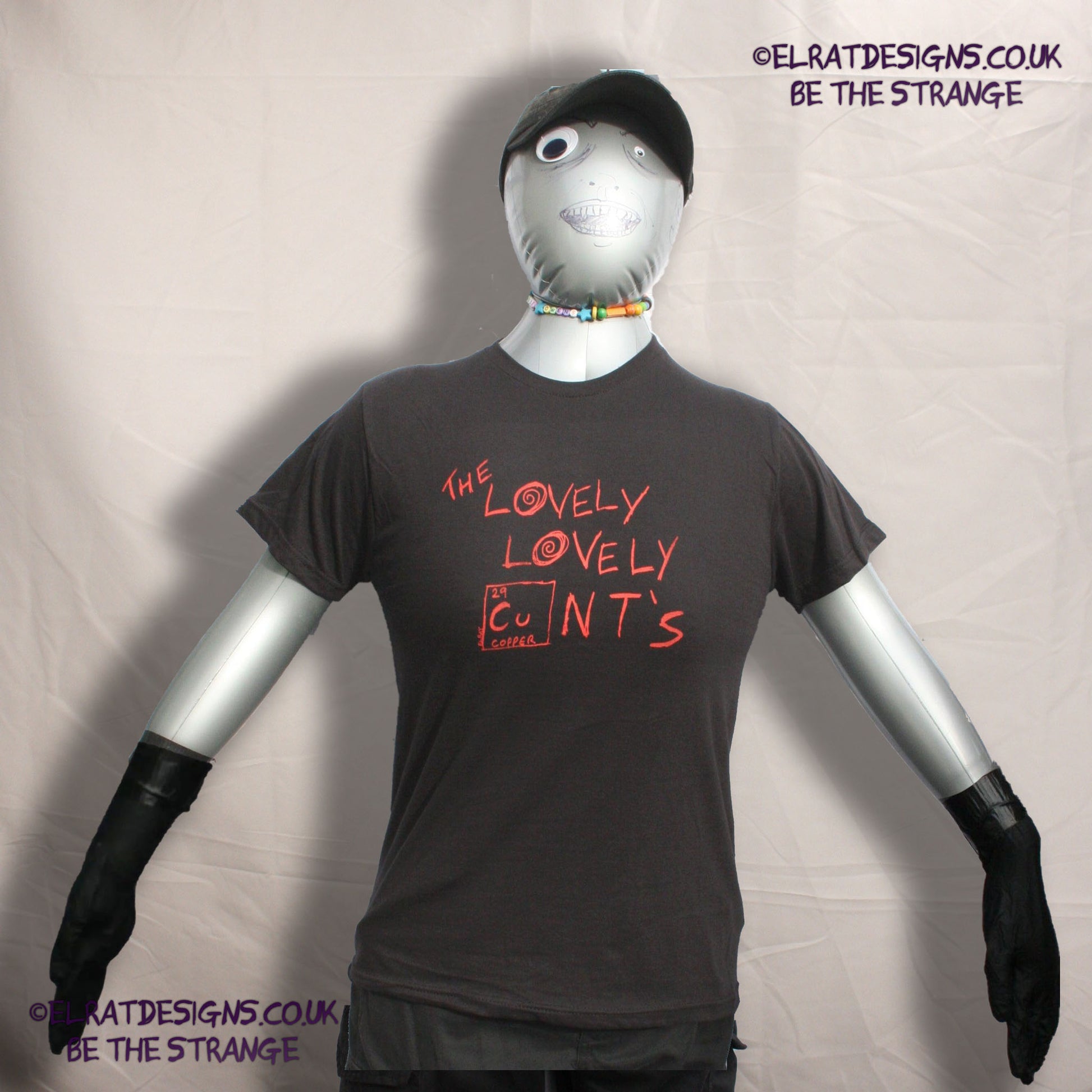 ElRat Front view of 'The Lovely Lovely C*nts' black t-shirt by ElRat Designs, featuring bold red screen-printed text, made in memory of the amazing 10thChurchOfTheLivingMuse, supporting the 'Empty the Tanks' cause. - elratdesigns.co.uk