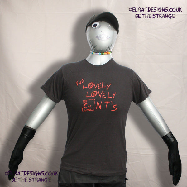 ElRat Front view of 'The Lovely Lovely Cunts' black t-shirt by ElRat Designs, featuring bold red screen-printed text, made in memory of the amazing 10thChurchOfTheLivingMuse, supporting the 'Empty the Tanks' cause. - hero - elratdesigns.co.uk