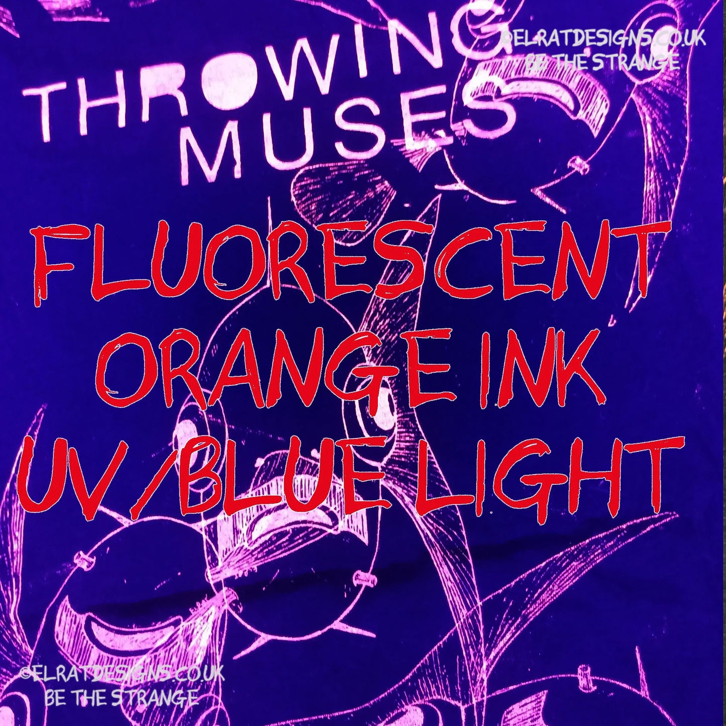 Throwing Muses Bywater Schooling Edition. One-of-a-Kind Messy print, featuring the original Moustached Amputee. imperfect and hand printed just for you, only from ElRat Designs - hero - UV Light - elratdesigns.co.uk