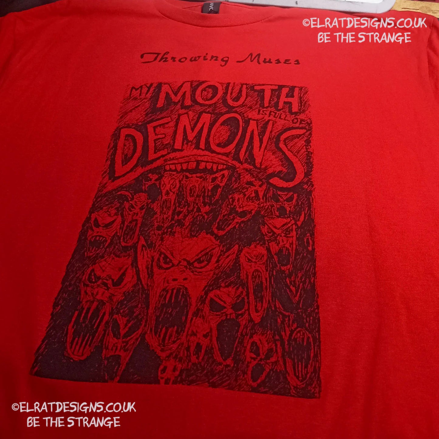 Throwing Muses, Ellen West, Mouth Demons T-Shirt, hand drawn by ElRat, hand printed by ElRat Designs - elratdesigns.co.uk