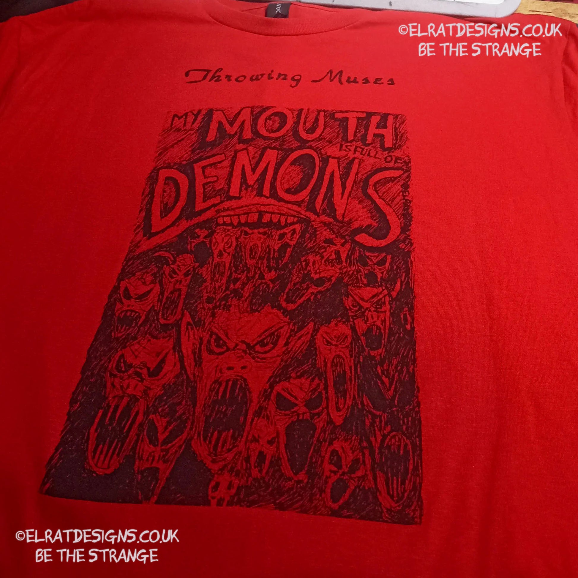 Throwing Muses, Ellen West, Mouth Demons T-Shirt, hand drawn by ElRat, hand printed by ElRat Designs - elratdesigns.co.uk
