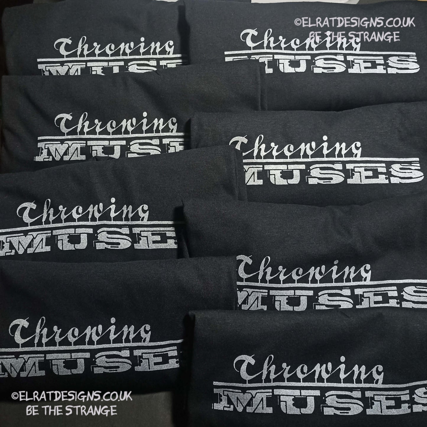Throwing Muses, Classic logo "University" available in a range of colours, every shirt sold supports Kristin Hersh Studio Time. hand printed by ElRat Designs - elratdesigns.co.uk