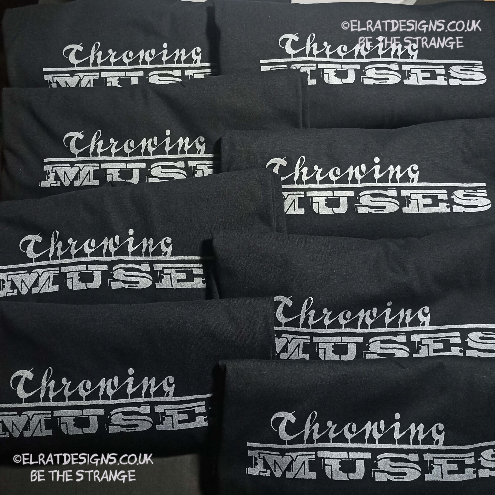 Throwing Muses, Classic logo "University" available in a range of colours, every shirt sold supports Kristin Hersh Studio Time. hand printed by ElRat Designs - elratdesigns.co.uk