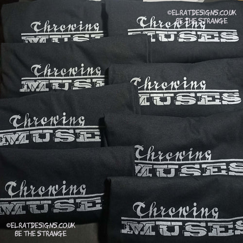 Throwing Muses, Classic logo "University" available in a range of colours, every shirt sold supports Kristin Hersh Studio Time. hand printed by ElRat Designs - elratdesigns.co.uk