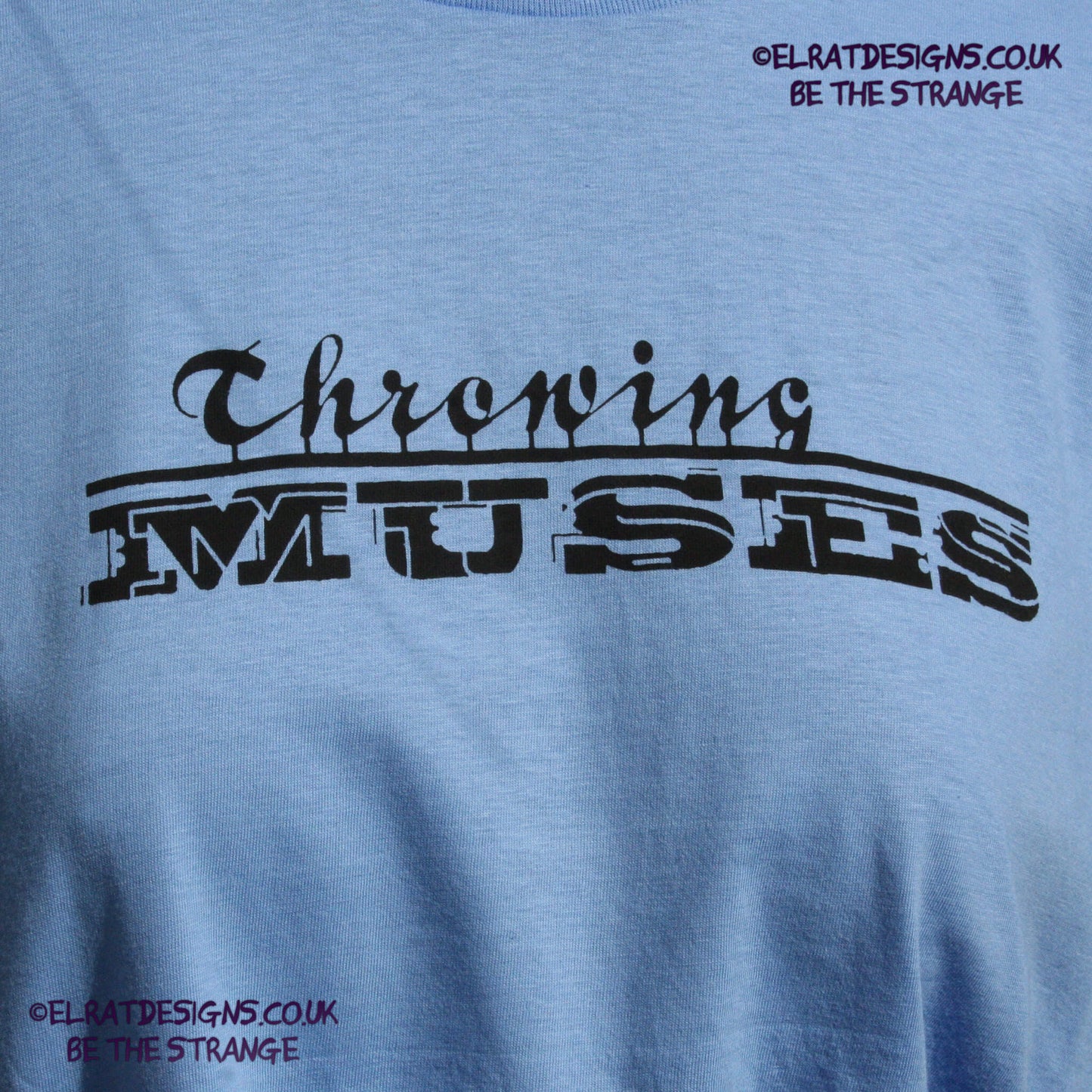 Throwing Muses, Classic logo "University" available in a range of colours, every shirt sold supports Kristin Hersh Studio Time. hand printed by ElRat Designs - elratdesigns.co.uk