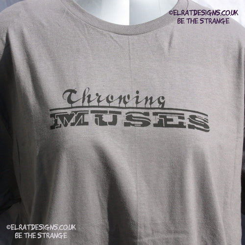 Throwing Muses, Classic logo "University" available in a range of colours, every shirt sold supports Kristin Hersh Studio Time. hand printed by ElRat Designs - elratdesigns.co.uk